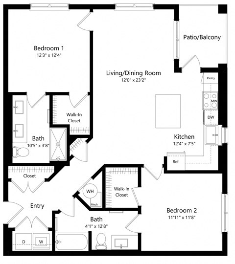 Two Bedroom Floor Plan | 1,059 Sq. Ft. at The Gallery at Trinity Luxury Apartments in Trinity FL